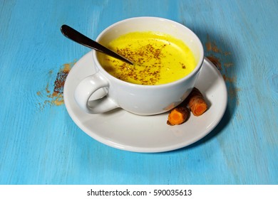 Turmeric Latte, Or Golden Milk Or Haldi Doodh And Indian Health Drink.