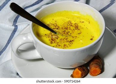 Turmeric Latte, Or Golden Milk Or Haldi Doodh And Indian Health Drink.