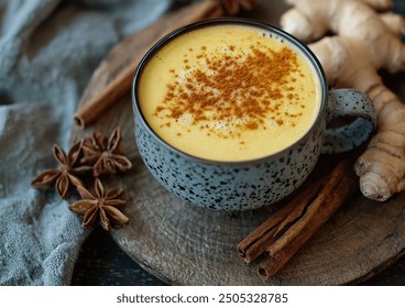 Turmeric latte with a sprinkle of cinnamon, presented in a professional high-quality composition. The beverage is displayed in a bright, inviting setting. - Powered by Shutterstock