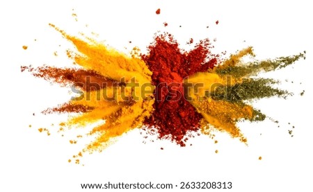 Turmeric, paprika, and mixed spices exploding and creating a colorful powder burst on transparent background
