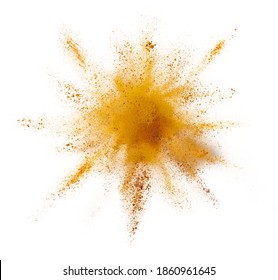 Turmeric powder burst isolated on white background