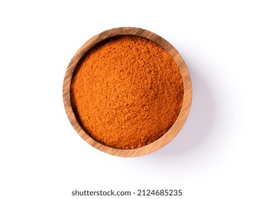 Turmeric Powder (curcumin, Curcuma Longa Linn) In Wooden Bowl Isolated On White Background With Clipping Path. Top View. Flat Lay.