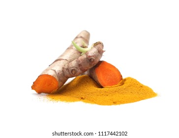 Turmeric powder and turmeric isolated on white background.
