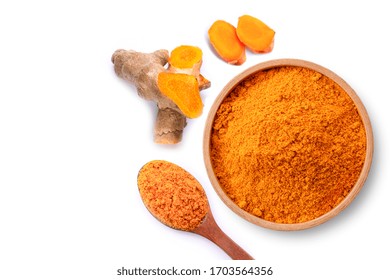 Turmeric Powder ( Known As Curcumin, Curcuma Longa Linn) In Wooden Bowl And Spoon With Tumeric Rhizome Isolated On White  Background. Top View. Flat Lay.