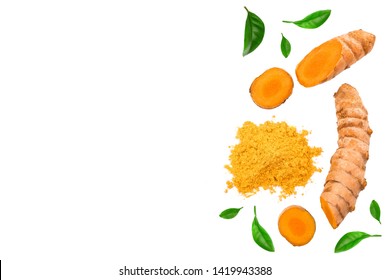 Turmeric powder and turmeric root isolated on white background with copy space for your text. Top view. Flat lay