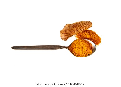 Turmeric Powder In Spoon And Fresh Turmeric Root Isolated On White Top View