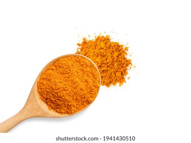 Turmeric Powder ( Tumeric, Curcuma, Curcumin ) In Wooden Spoon Isolated On White Background. Top View. Flat Lay.