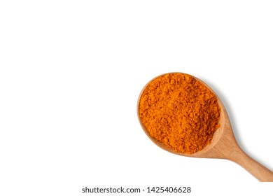 Turmeric Powder (Tumeric Curcumin, Curcuma Longa Linn) In Wooden Spoon Isolated On White Background.Indian Spice,healthy Seasoning Ingredient. Medicine Herbal Plant Concept. Top View. Clipping Path.