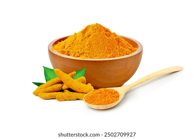 Turmeric Powder in wooden bowl with spoon Isolated on White Background - Powered by Shutterstock