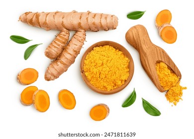 Turmeric powder in wooden scoop and bowl and turmeric root isolated on white background. Top view. Flat lay - Powered by Shutterstock