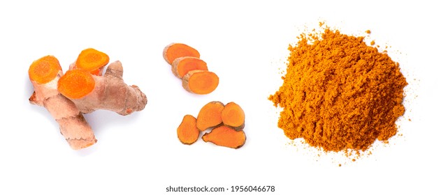 Turmeric Rhizome ( Curcumin, Curcuma Longa Linn ) With Slice And Pile Of Tumeric Powder Isolated On White Background. Top View. Flat Lay.