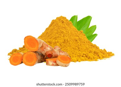 Turmeric root and turmeric powder  with green leaves isolated on white background.Natural herbal plant concept. - Powered by Shutterstock