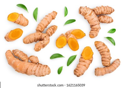 turmeric root and slices isolated on white background. Top view. Flat lay