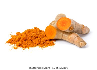 Turmeric Root With Tumeric Powder Isolated On White Background. 