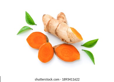 turmeric with slice isolated on white background , top view , flat lay.