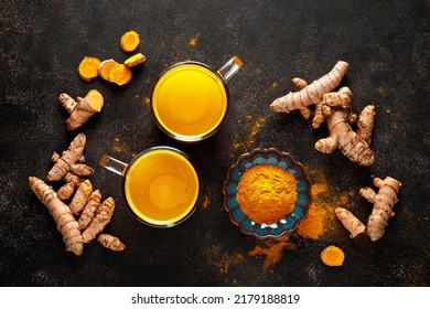 Turmeric Tea. Fresh Turmeric Drink, Root And Turmeric, Curcumin Powder