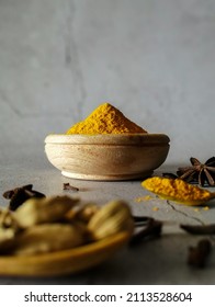 Turmeric Or Tumeric Powder ( Curcumin, Curcuma Longa Linn) In Wooden Bowl And Spoon

On Cement Background. 