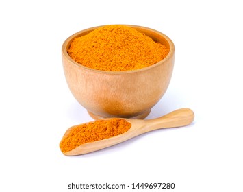 Turmeric Or Tumeric Powder ( Known As Curcumin, Curcuma Longa Linn) In Wooden Bowl And Spoon Isolated On White Background. Full Depth Of Field With Clipping Path. Natural Herbal Plant Concept. 