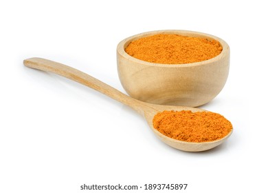 Turmeric Or Tumeric Powder In Wooden Bowl And Spoon Isolated On White Background. Full Depth Of Field. 