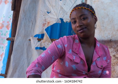 Turmi, Ethiopia - Nov 2018: Young ethiopian lady posing at the market. Omo valley 