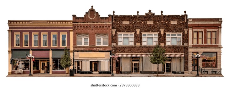 Turn of the century style storefront facade isolated on a white background.