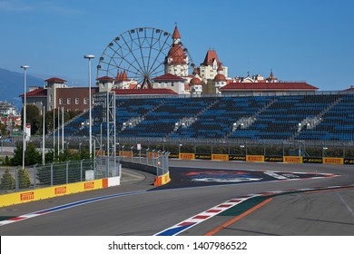 Turn Of Formula 1 Track With Stands For Spectators In Sochi Park In Adler, Russia May 17, 2019