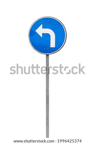 Turn left, standard European road sign on vertical metal pole isolated on white background