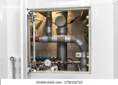 Turn Off Hot Water. Plumbing Cabinet. Water Meters, Collector, Water Pressure Sensor