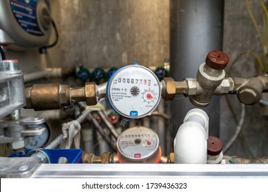 Turn Off Hot Water. Plumbing Cabinet. Water Meters, Collector, Water Pressure Sensor