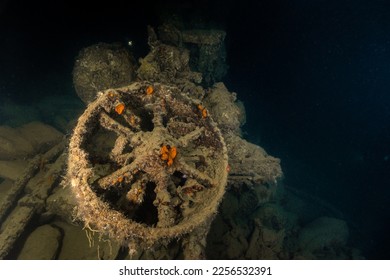 Turn steering wheel underwater shipwreck  - Shutterstock ID 2256532391