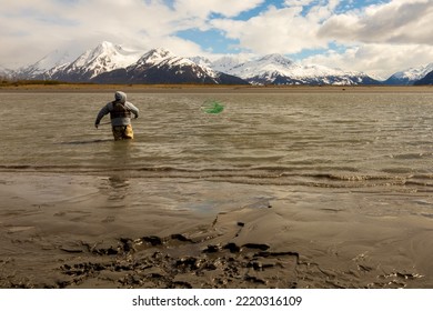 Turnagain Arm, Alaska, USA - May 23 2017: Local Residents Practice A Net Fishing Method From Their Native American Tribe Heritage.