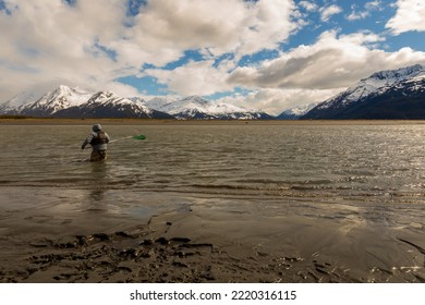 Turnagain Arm, Alaska, USA - May 23 2017: Local Residents Practice A Net Fishing Method From Their Native American Tribe Heritage.