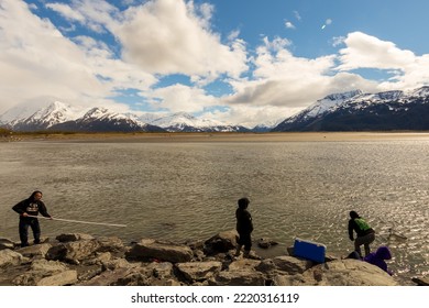 Turnagain Arm, Alaska, USA - May 23 2017: Local Residents Practice A Net Fishing Method From Their Native American Tribe Heritage.