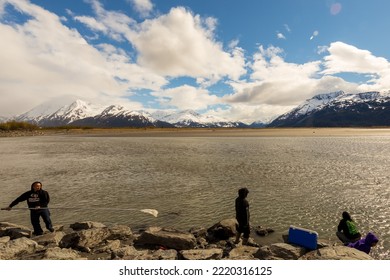 Turnagain Arm, Alaska, USA - May 23 2017: Local Residents Practice A Net Fishing Method From Their Native American Tribe Heritage.