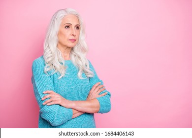 Turned photo of focused old woman successful boss cross hands listen about decisions choices wear stylish jumper isolated over pastel color background