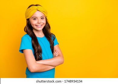 Turned Photo Of Positive Independent Girl Kid Cross Hands Imagine She Real Entrepreneur Wear Trendy Good Look Clothes Isolated Over Shine Color Background