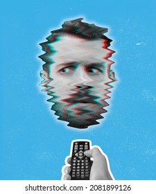 Turning on news talking headContemporary art collage of male head with glitch TV effect isolated over blue background. Concept of creativity, inspiration, art, surrealism. Copy space for ad