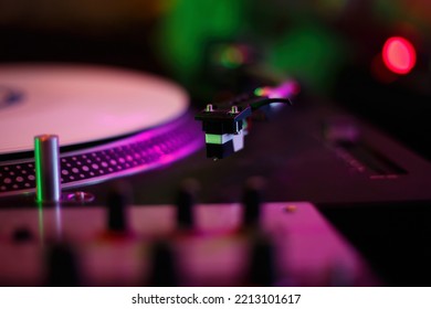 Turntables Needle Cartridge On Tone Arm. Professional Dj Turn Table Setup For Scratch. Vinyl Player For Hip Hop Disc Jockey