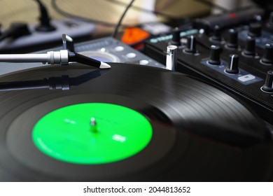 Turntables Needle On Vinyl Record. Turn Table Playing Music With Analog Records