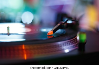 Turntables Needle On Vinyl Record. Listen To Music In Hi Fi Quality. Professonal Disc Jockey Turn Table Player. Download Stock Photo Of Disk Jokey Turntable For Poster Design