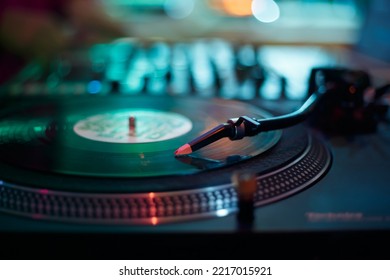 Turntables Needle On Vinyl Record With Hip Hop Music. Professional Dj Turn Table Player On Stage In Night Club. Download Stock Photo Of Disc Jockey Turntable For Poster Party Design