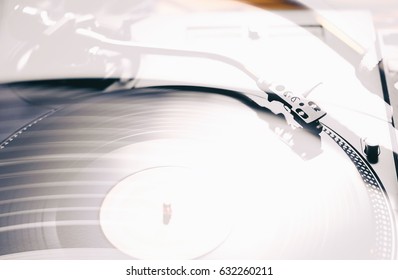 Turntables Top View Shot In Double Exposure.Party Dj Turn Table Vinyl Records Player Overhead Shot.Play Music In Hifi Quality,mix Tracks & Scratch Records At Parties.Professional Turntable Audio Equip