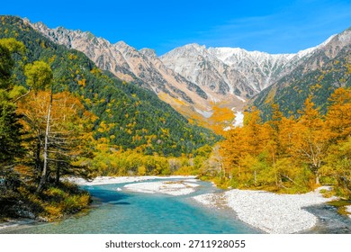 A turquoise alpine river flows through a valley surrounded by majestic mountains and a vibrant forest of golden and green autumn foliage under a clear blue sky