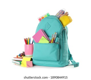 Turquoise backpack with different school stationery on white background - Shutterstock ID 1890844915