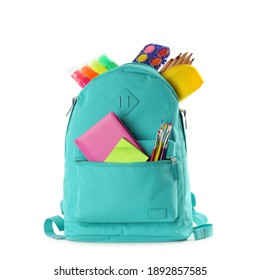 Turquoise backpack with different school stationery on white background - Shutterstock ID 1892857585