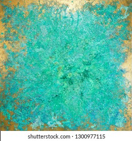 Turquoise Copper Texture Green Patina Painting Gold Border