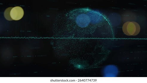 Turquoise dot matrix globe spinning on panel, showing waveform with numeric markers, bokeh circles. Abstract, digital, futuristic, technology, data, visualization, network