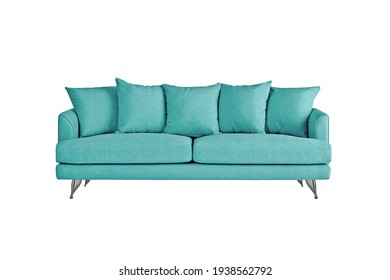 Turquoise Fabric Sofa On Brushed Metal Legs With Pillows Isolated On White Background. Series Of Furniture