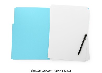 Turquoise file with blank sheets of paper and black pen isolated on white, top view. Space for design - Powered by Shutterstock