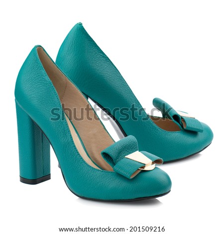 Turquoise high heel women shoe isolated on white background.